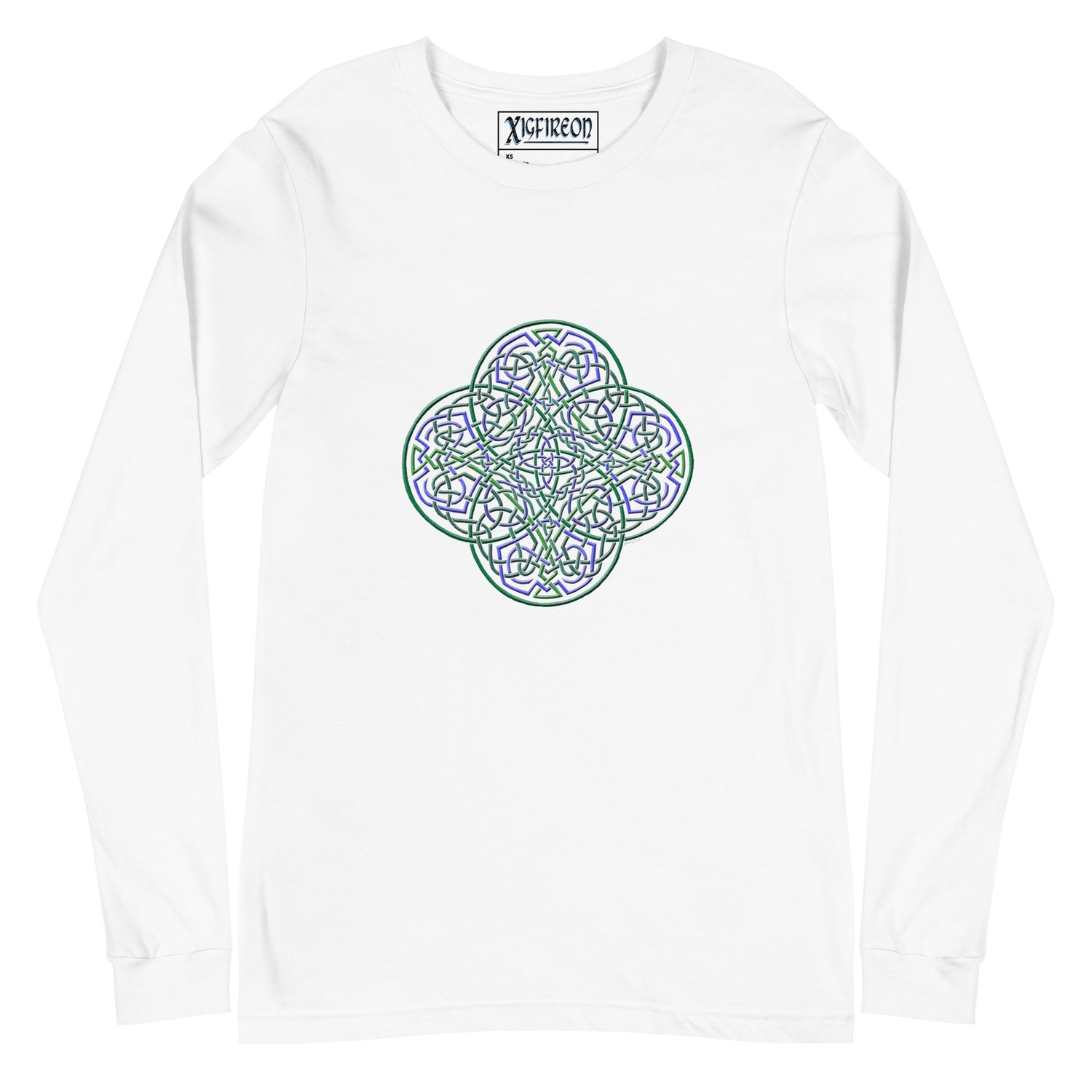 A white Xigfireon long sleeve graphic t-shirt featuring the Living Colour iteration of the `Reach Of The Spirit` Celtic knot design. The `Reach Of The Spirit` Celtic knot symbolizes Mother Earth.