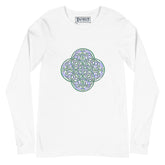 A white Xigfireon long sleeve graphic t-shirt featuring the Living Colour iteration of the `Reach Of The Spirit` Celtic knot design. The `Reach Of The Spirit` Celtic knot symbolizes Mother Earth.