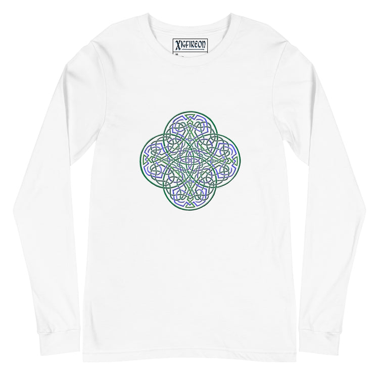 A white Xigfireon long sleeve graphic t-shirt featuring the Living Colour iteration of the `Reach Of The Spirit` Celtic knot design. The `Reach Of The Spirit` Celtic knot symbolizes Mother Earth.