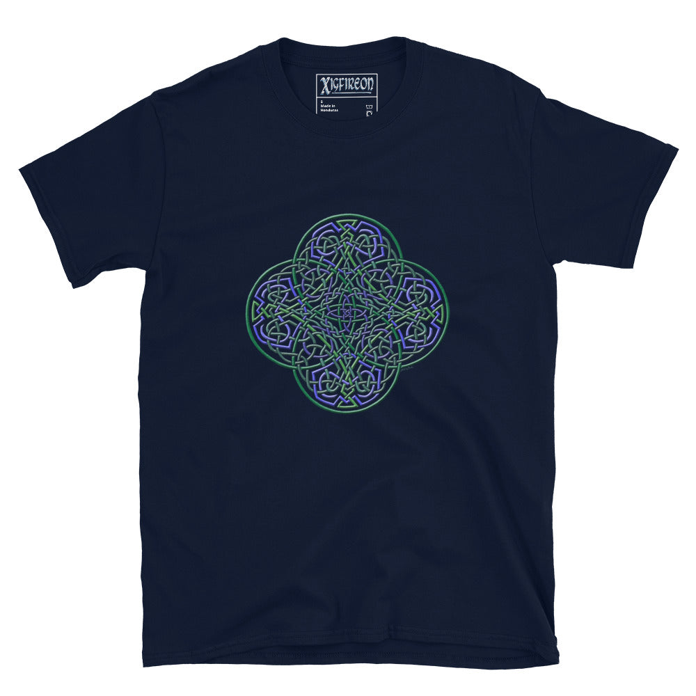 A navy blue Xigfireon graphic t-shirt featuring the Living Colour iteration of the `Reach Of The Spirit` Celtic knot design. The `Reach Of The Spirit` Celtic knot symbolizes the Earth.