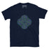 A navy blue Xigfireon graphic t-shirt featuring the Living Colour iteration of the `Reach Of The Spirit` Celtic knot design. The `Reach Of The Spirit` Celtic knot symbolizes the Earth.