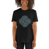 A young woman wearing a black Xigfireon graphic t-shirt featuring the Living Colour iteration of the `Reach Of The Spirit` Celtic knot design. The `Reach Of The Spirit` Celtic knot symbolizes Mother Earth.