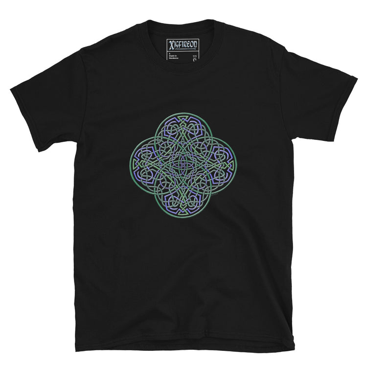 A black Xigfireon graphic t-shirt featuring the Living Colour iteration of the `Reach Of The Spirit` Celtic knot design. The `Reach Of The Spirit` Celtic knot symbolizes the Earth.