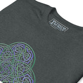 A close-up view of a dark heather Xigfireon graphic t-shirt featuring the Living Colour iteration of the `Reach Of The Spirit` Celtic knot design. The `Reach Of The Spirit` Celtic knot symbolizes the Earth.