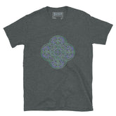 A dark heather Xigfireon graphic t-shirt featuring the Living Colour iteration of the `Reach Of The Spirit` Celtic knot design. The `Reach Of The Spirit` Celtic knot symbolizes the Earth.