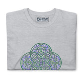 A folded sport grey Xigfireon graphic t-shirt featuring the Living Colour iteration of the `Reach Of The Spirit` Celtic knot design. The `Reach Of The Spirit` Celtic knot symbolizes the Earth.