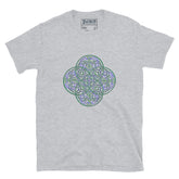 A sport grey Xigfireon graphic t-shirt featuring the Living Colour iteration of the `Reach Of The Spirit` Celtic knot design. The `Reach Of The Spirit` Celtic knot symbolizes the Earth.