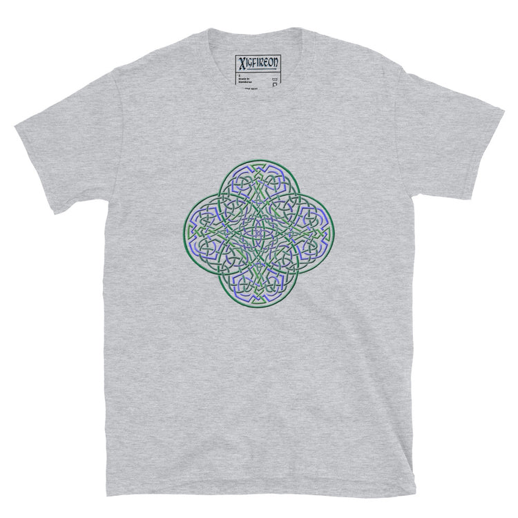 A sport grey Xigfireon graphic t-shirt featuring the Living Colour iteration of the `Reach Of The Spirit` Celtic knot design. The `Reach Of The Spirit` Celtic knot symbolizes the Earth.