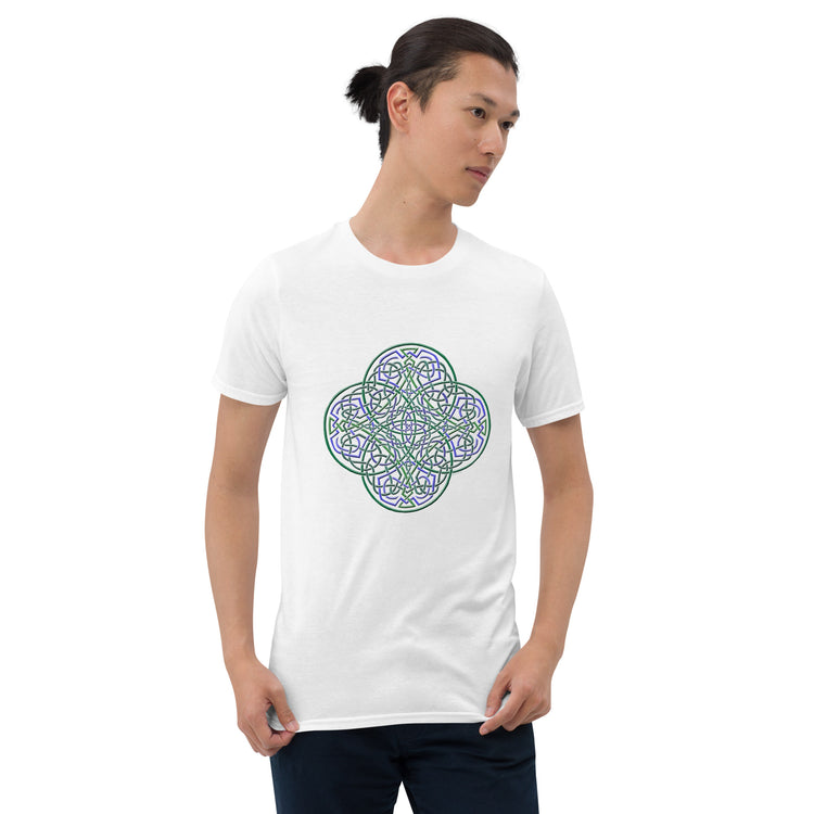 A young man wearing a white Xigfireon graphic t-shirt featuring the Living Colour iteration of the `Reach Of The Spirit` Celtic knot design. The `Reach Of The Spirit` Celtic knot symbolizes the Earth.