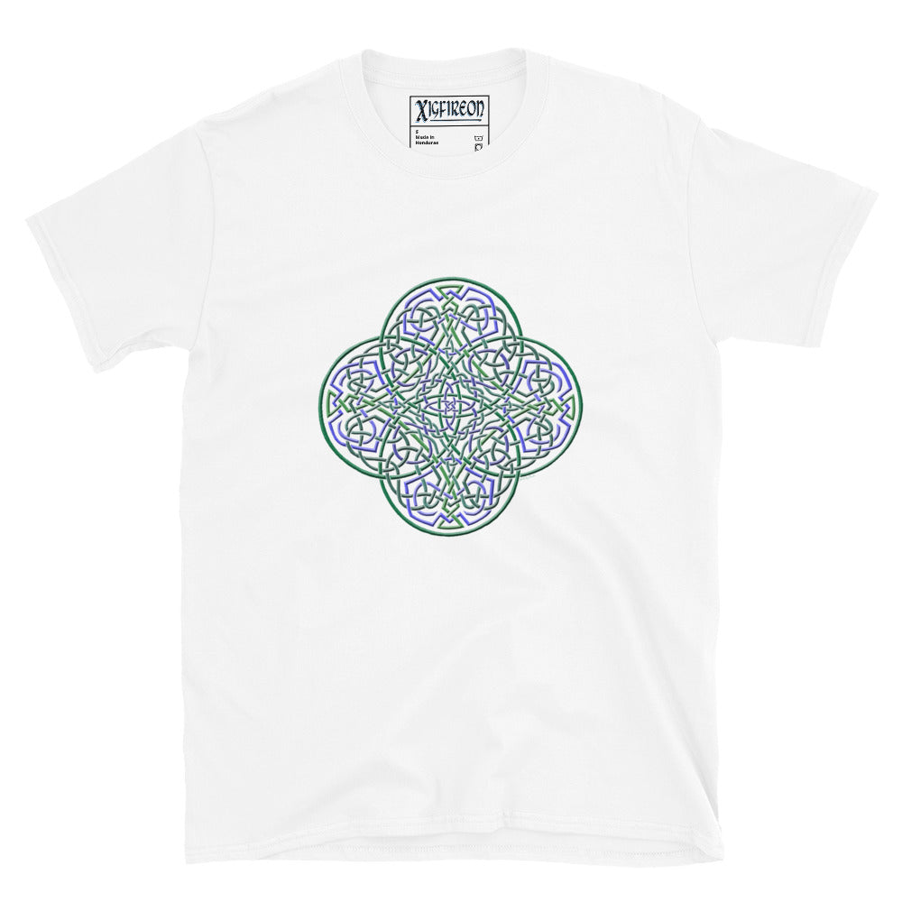 A white Xigfireon graphic t-shirt featuring the Living Colour iteration of the `Reach Of The Spirit` Celtic knot design. The `Reach Of The Spirit` Celtic knot symbolizes the Earth.