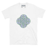 A white Xigfireon graphic t-shirt featuring the Living Colour iteration of the `Reach Of The Spirit` Celtic knot design. The `Reach Of The Spirit` Celtic knot symbolizes the Earth.