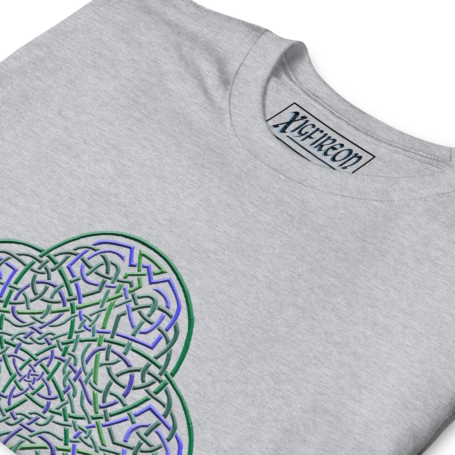 A close-up view of a sport grey Xigfireon graphic t-shirt featuring the Living Colour iteration of the `Reach Of The Spirit` Celtic knot design. The `Reach Of The Spirit` Celtic knot symbolizes the Earth.