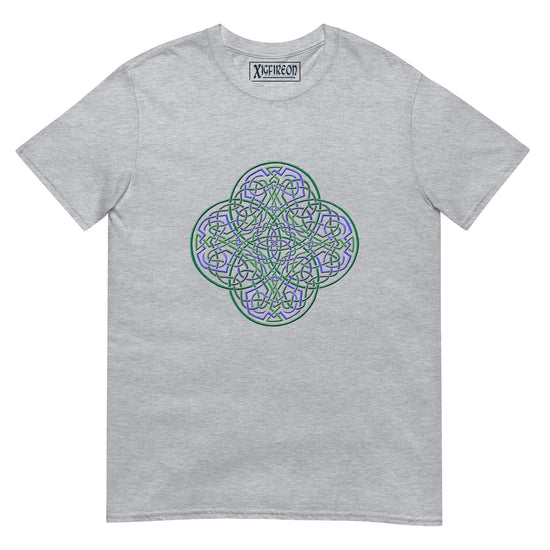 A sport grey Xigfireon graphic t-shirt featuring the Living Colour iteration of the `Reach Of The Spirit` Celtic knot design. The `Reach Of The Spirit` Celtic knot symbolizes the Earth.