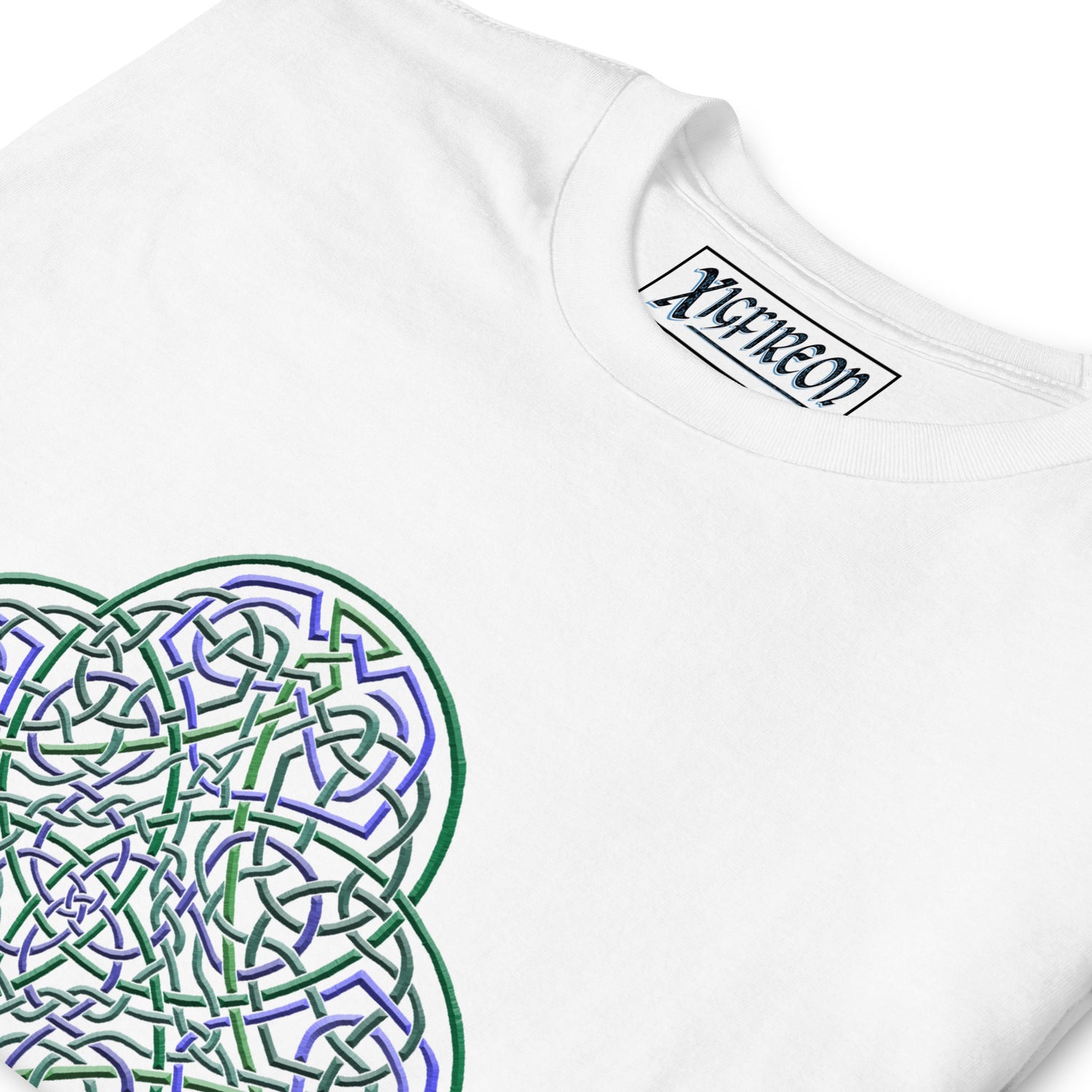 A close-up view of a white Xigfireon graphic t-shirt featuring the Living Colour iteration of the `Reach Of The Spirit` Celtic knot design. The `Reach Of The Spirit` Celtic knot symbolizes the Earth.