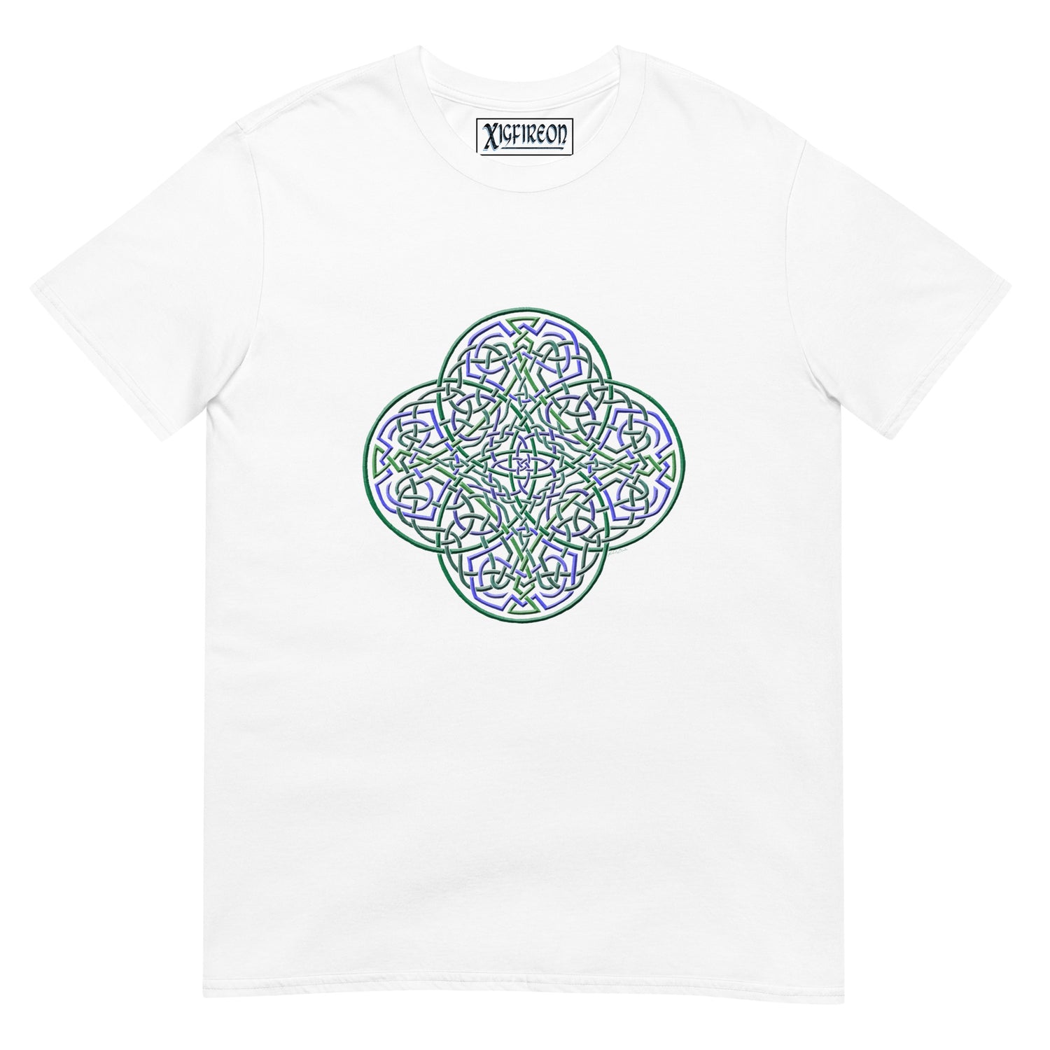 A white Xigfireon graphic t-shirt featuring the Living Colour iteration of the `Reach Of The Spirit` Celtic knot design. The `Reach Of The Spirit` Celtic knot symbolizes the Earth.