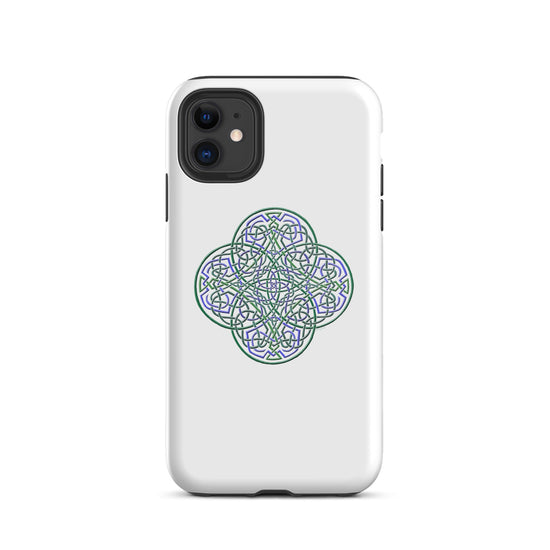 An iPhone 11 in a Xigfireon glossy white tough phone case featuring the Living Colour iteration of the `Reach Of The Spirit` Celtic knot design. The `Reach Of The Spirit` Celtic knot design is an Earth symbol.