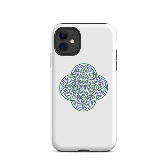 An iPhone 11 in a Xigfireon matte white tough phone case featuring the Living Colour iteration of the `Reach Of The Spirit` Celtic knot design. The `Reach Of The Spirit` Celtic knot design is an Earth symbol.