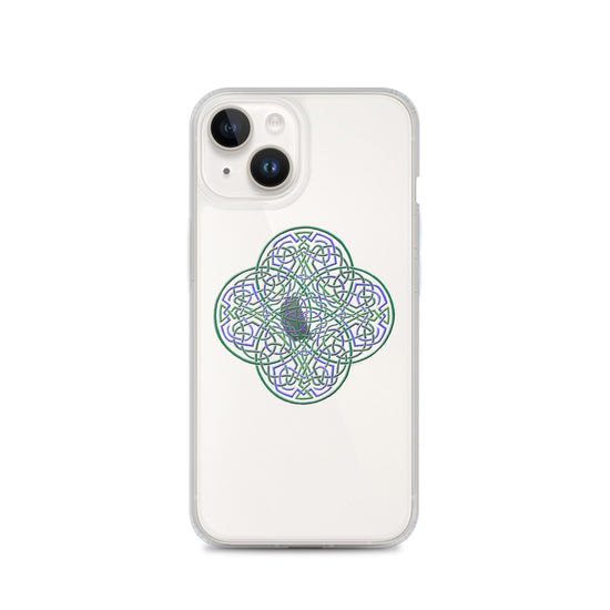 An iPhone 14 in a Xigfireon clear phone case featuring the Living Colour iteration of the `Reach Of The Spirit` Celtic knot design. The `Reach Of The Spirit` Celtic knot design represents Mother Earth.