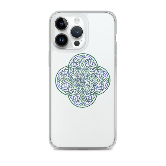 An iPhone 14 Pro Max in a Xigfireon clear phone case featuring the Living Colour iteration of the `Reach Of The Spirit` Celtic knot design. The `Reach Of The Spirit` Celtic knot design represents Mother Earth.