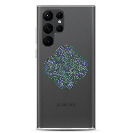 A Samsung Galaxy S22 Ultra with a Xigfireon clear phone case featuring the Living Colour iteration of the `Reach Of The Spirit` Celtic knot design. The `Reach Of The Spirit` Celtic knot design represents Mother Earth.