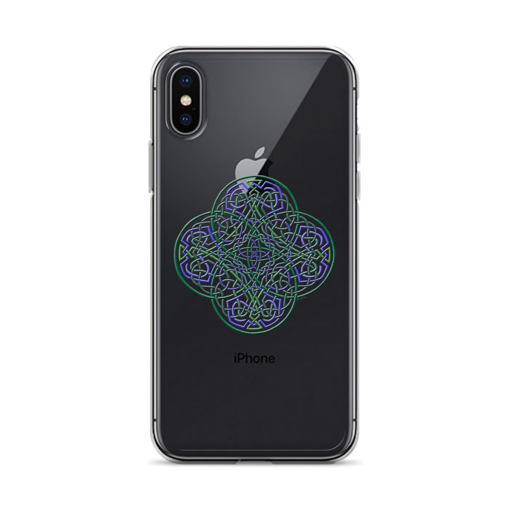 An iPhone X/XS Max in a Xigfireon clear phone case featuring the Living Colour iteration of the `Reach Of The Spirit` Celtic knot design. The `Reach Of The Spirit` Celtic knot design represents Mother Earth.