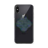 An iPhone X/XS Max in a Xigfireon clear phone case featuring the Living Colour iteration of the `Reach Of The Spirit` Celtic knot design. The `Reach Of The Spirit` Celtic knot design represents Mother Earth.