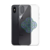 An iPhone X/XS Max behind a Xigfireon clear phone case featuring the Living Colour iteration of the `Reach Of The Spirit` Celtic knot design. The `Reach Of The Spirit` Celtic knot design represents Mother Earth.