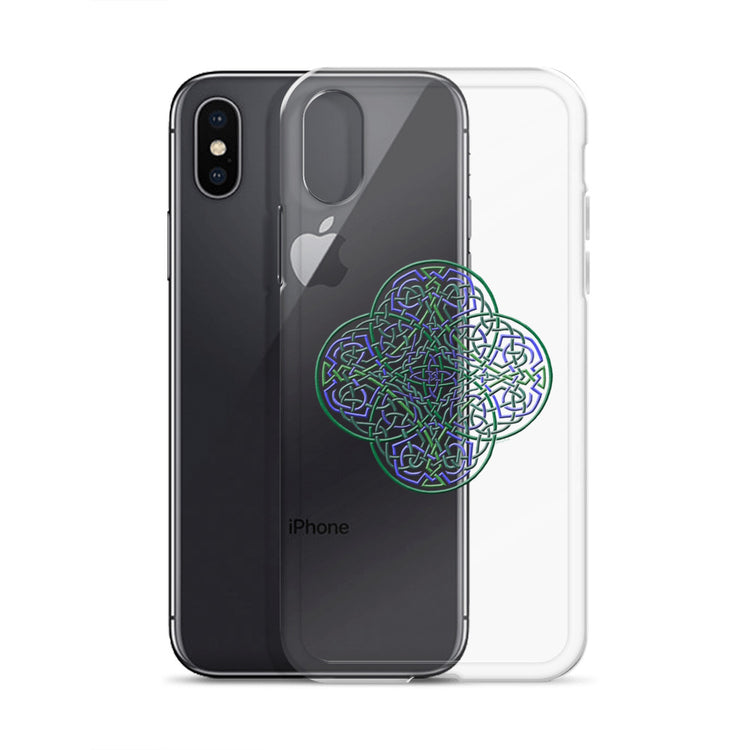 An iPhone X/XS Max behind a Xigfireon clear phone case featuring the Living Colour iteration of the `Reach Of The Spirit` Celtic knot design. The `Reach Of The Spirit` Celtic knot design represents Mother Earth.