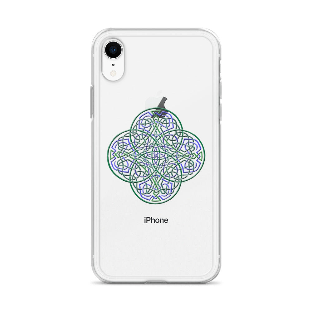 An iPhone XR in a Xigfireon clear phone case featuring the Living Colour iteration of the `Reach Of The Spirit` Celtic knot design. The `Reach Of The Spirit` Celtic knot design represents Mother Earth.