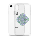 An iPhone XR behind a Xigfireon clear phone case featuring the Living Colour iteration of the `Reach Of The Spirit` Celtic knot design. The `Reach Of The Spirit` Celtic knot design represents Mother Earth.