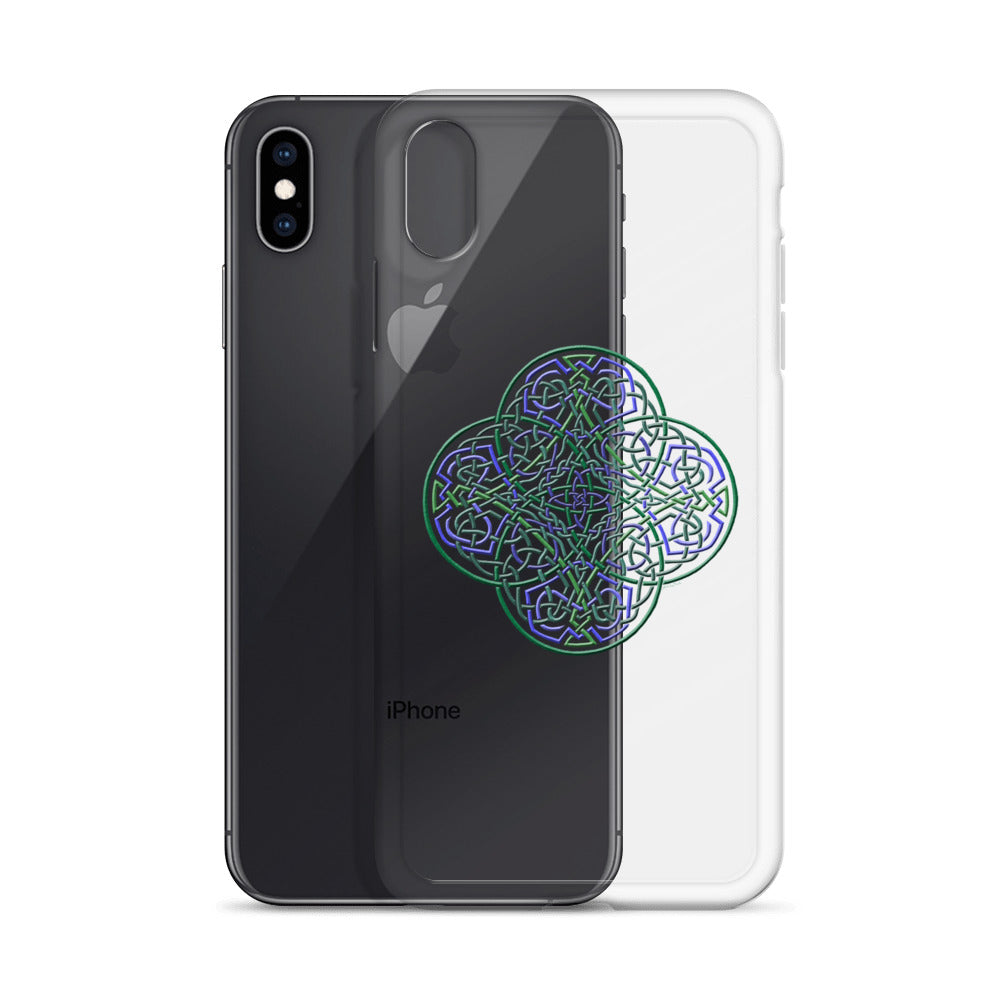 An iPhone XS Max behind a Xigfireon clear phone case featuring the Living Colour iteration of the `Reach Of The Spirit` Celtic knot design. The `Reach Of The Spirit` Celtic knot design represents Mother Earth.