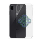 An iPhone XS Max behind a Xigfireon clear phone case featuring the Living Colour iteration of the `Reach Of The Spirit` Celtic knot design. The `Reach Of The Spirit` Celtic knot design represents Mother Earth.